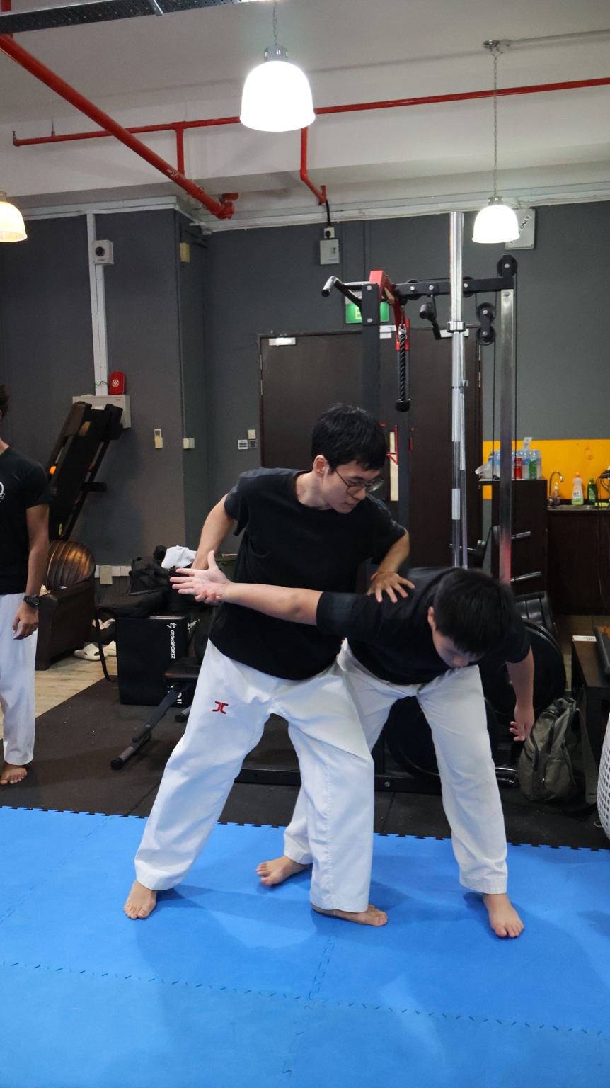 Colleagues practising self-defence techniques in pairs at a workshop