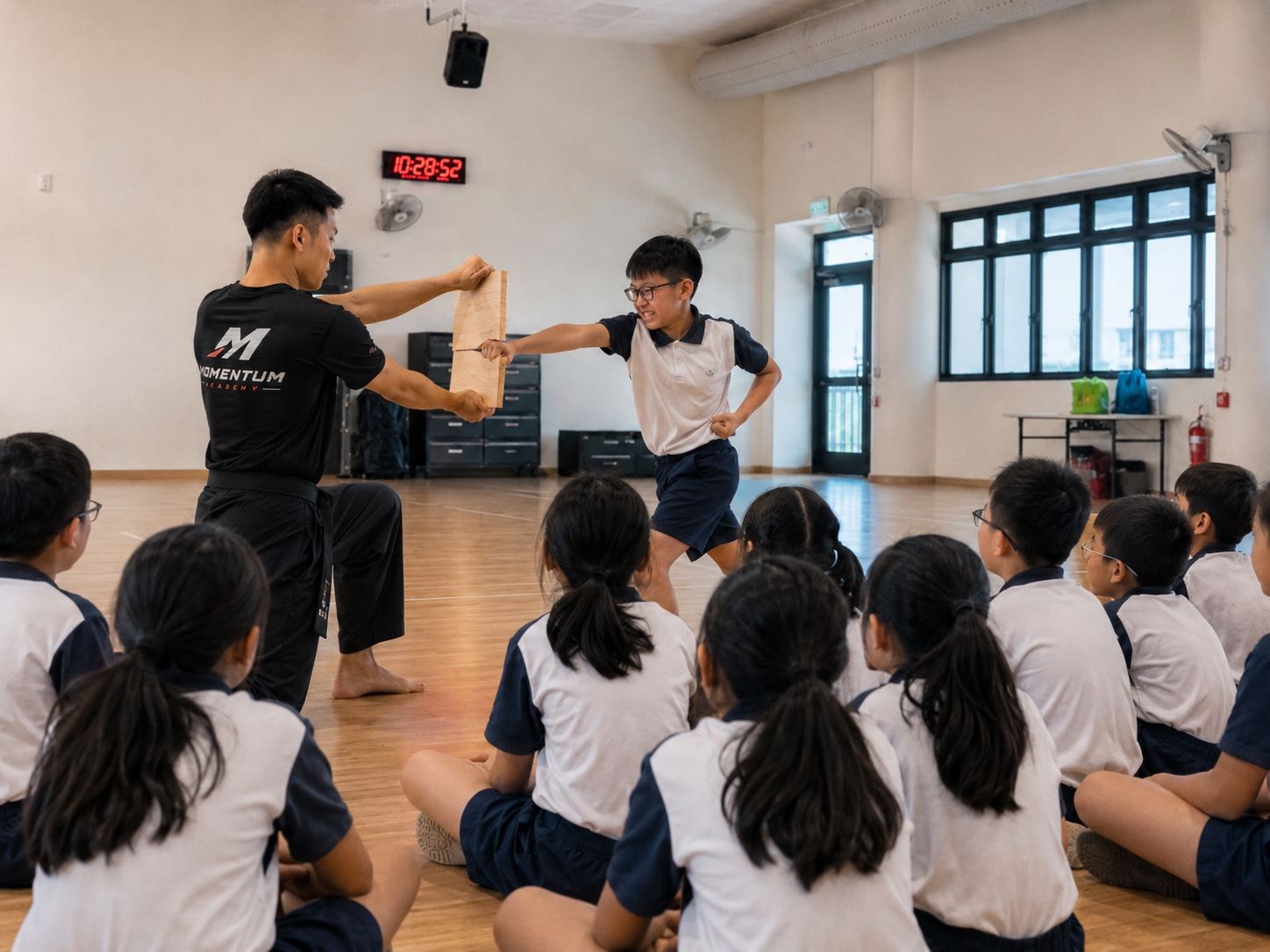 Coach guiding students through a partner drill