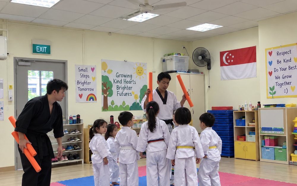 Pre-schoolers in taekwondo uniforms learning to kick foam targets held by Momentum Academy coaches at their centre