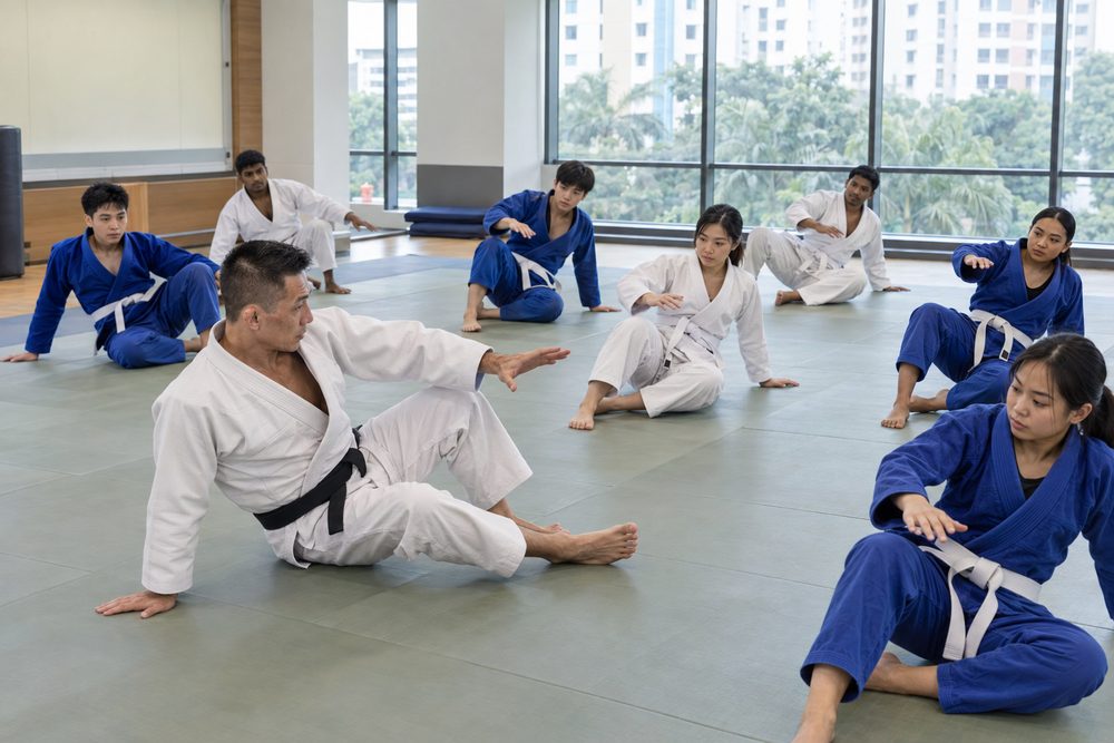 Students practising Brazilian Jiu-Jitsu (BJJ) techniques with a Momentum Academy coach in Singapore