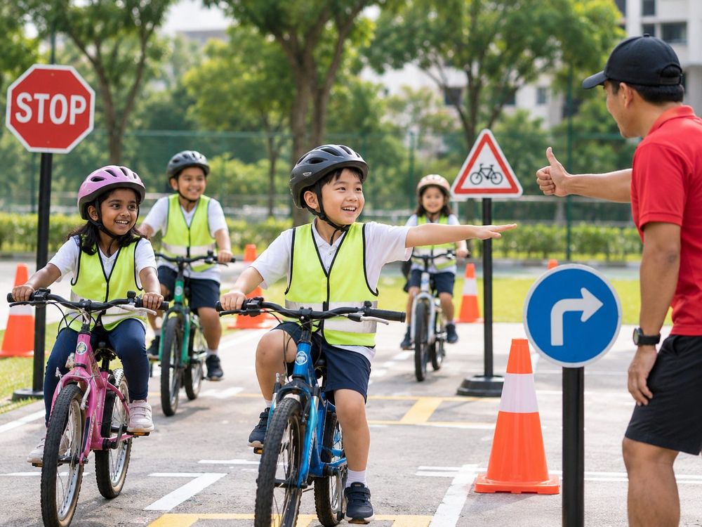 Participants on bicycles during a Cycle Safety session run by Momentum Academy coaches in Singapore