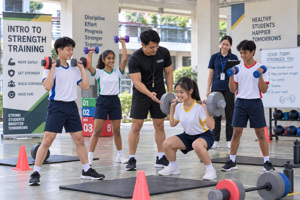 Students in a Gym Ready: Safe Strength Training for Students session led by a Momentum Academy coach in Singapore