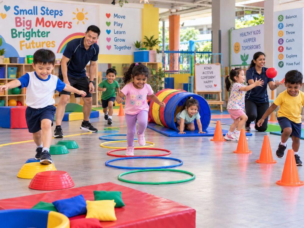 Students taking part in a Multi-Sport Fundamental Movement Skills (FMS) session run by Momentum Academy in Singapore