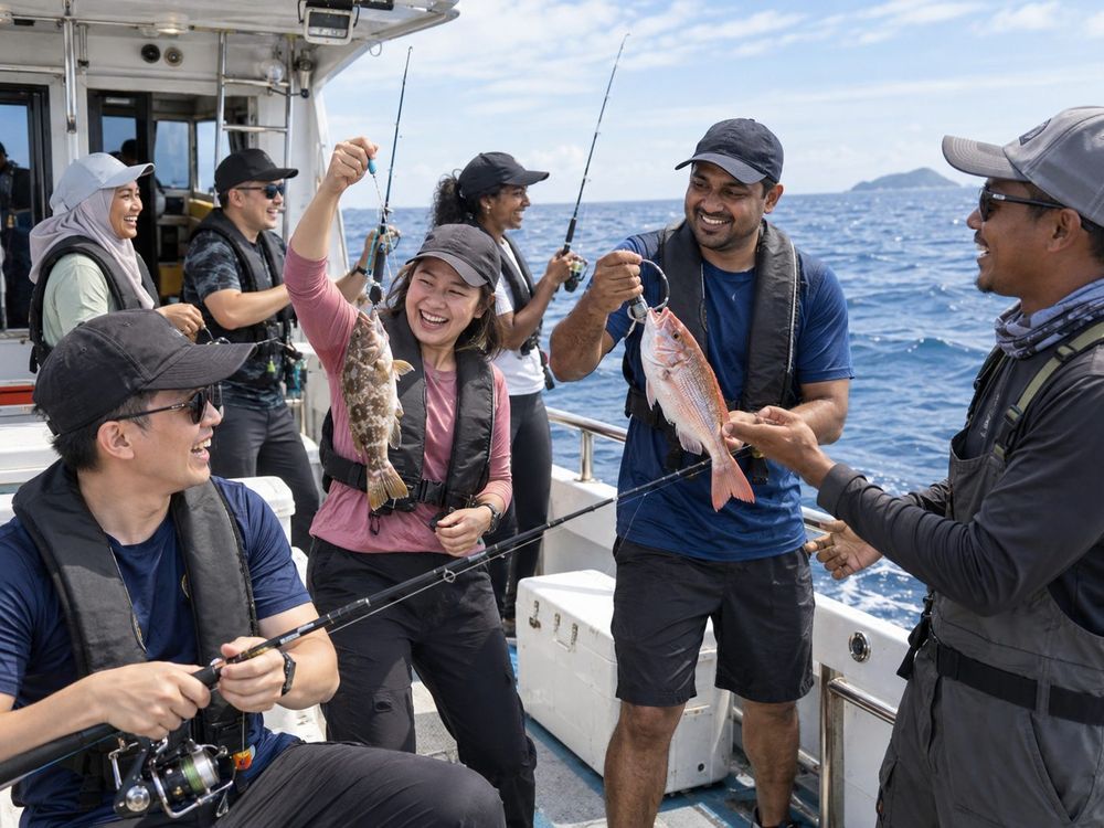Group on the water during a Offshore Boat Fishing session with Momentum Academy coaches in Singapore