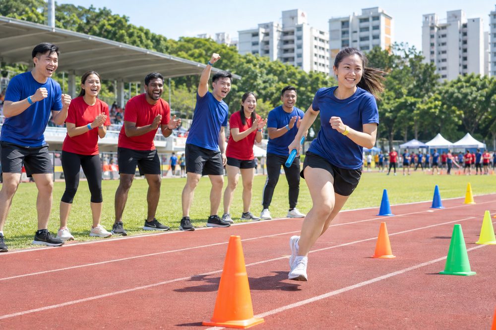 Primary school students racing on a track during a sports day run by Momentum Academy in Singapore