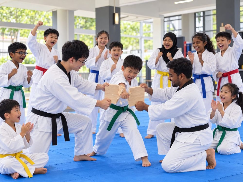 Students practising Taekwondo Board Breaking Challenge techniques with a Momentum Academy coach in Singapore
