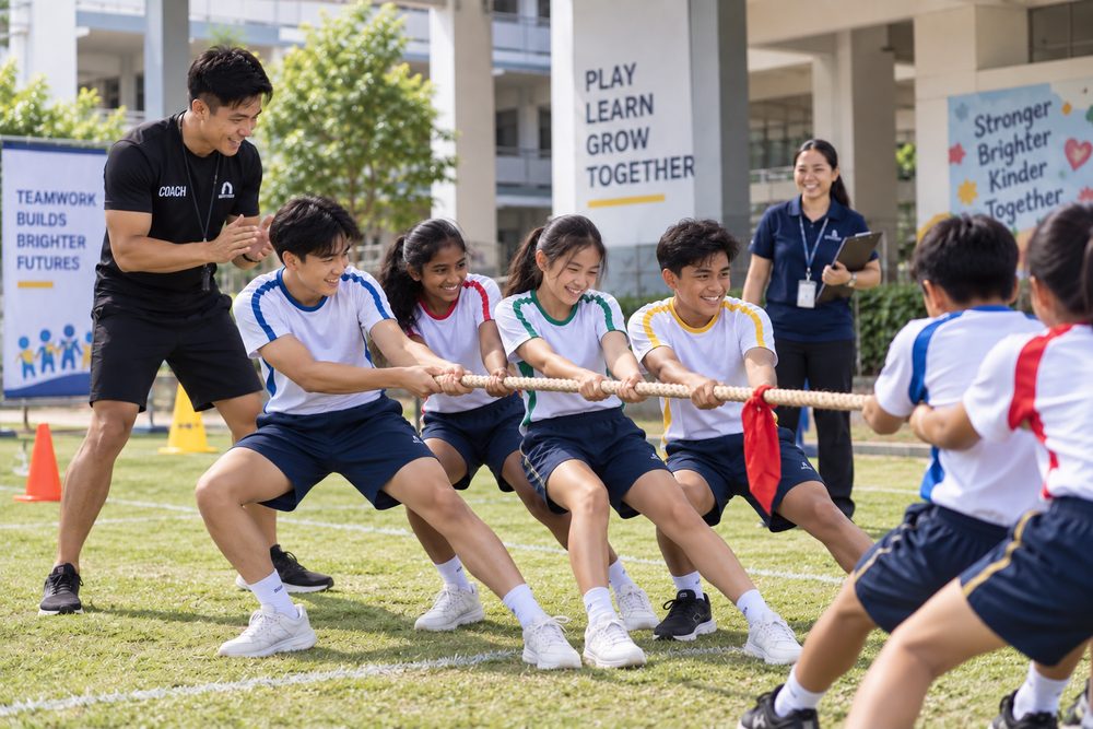 Students playing Tug of War during a Momentum Academy programme in Singapore