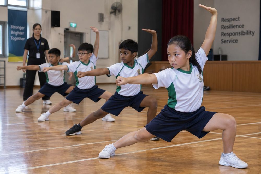 Students practising Wushu techniques with a Momentum Academy coach in Singapore
