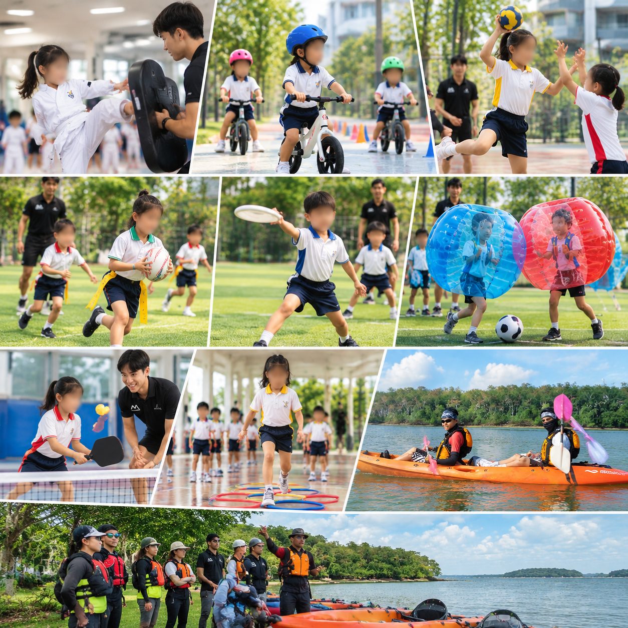 A collage of Momentum Academy programmes: taekwondo, learn to cycle, dodgeball, tag rugby, frisbee and bubble soccer